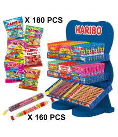 Lot 340 Mini Sachets et Roulettes Haribo + Présentoir Bois Goldbears en gros conditionnement