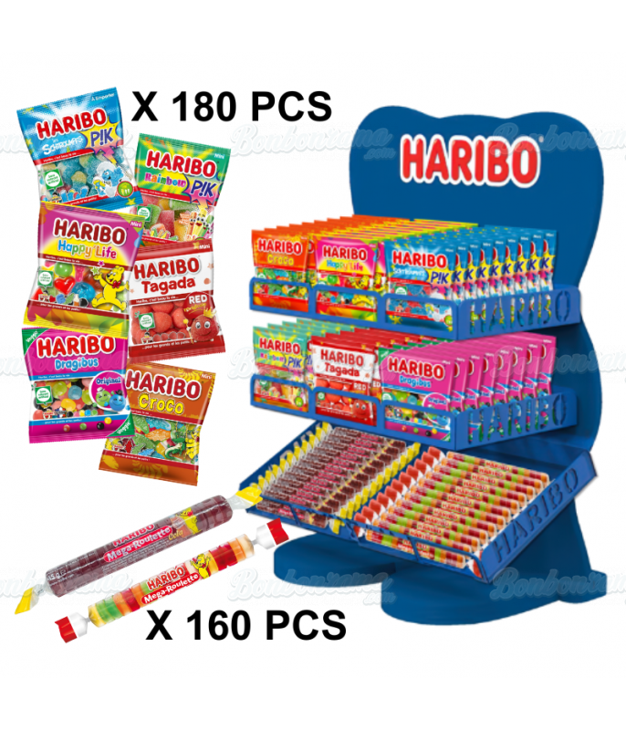 Lot 340 Mini Sachets Roulettes Haribo + Présentoir Bois 6P Goldbears en gros conditionnement